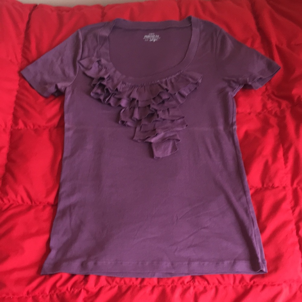 J. Crew Perfect Fit Purple Ruffle T Shirt